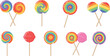 © MdNazmul - Rainbow lollipop candy icon set flat vector collection of colorful swirl sweets on sticks isolated on light background