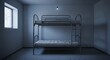 © Владимир Platon - A minimalist prison cell with a metal bunk bed and thin mattresses under a single hanging light bulb, with a small barred window