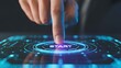 © KHYRUL - Finger pressing glowing blue start button on futuristic digital interface touching