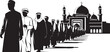 © ShorifaBegum - Muslim men walking to mosque for prayer vector illustration group of people in traditional clothes entering building silhouette islamic architectural landmark with domes and minarets religious scene