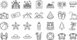 © ferdousi - Summer travel and vacation icon set featuring hotel buildings, passport, cruise ship, beach accessories, mountains, starfish, sun, and outdoor tourism.