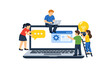 © icon_art - Four diverse people work together on a giant laptop screen, managing tasks like coding, communication, and creative brainstorming in this flat vector style digital illustration.