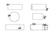 © icon_art - A collection of six blank coupon and tag templates with dashed cut lines and scissor icons. The set includes various shapes like circles, rectangles, and gift tags in black and white.