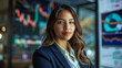 © Enrique - Hispanic business woman looking at camera with blurred investment charts background