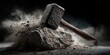 © Zarana  - Heavy sledgehammer smashing a stone with dust and debris explosion against a dark background
