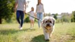 © Mary - Family walking dog on leash in sunny park during summer