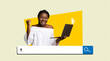 © Prostock-studio - A woman smiles and raises her fist in joy while holding a laptop. The background features a bright yellow shape, enhancing the cheerful scene. This setup looks like a collage with distinct elements.