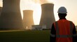 © gankevstock - Engineer in safety vest overlooks industrial cooling towers at sunset