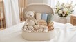 © TamoorVirk - Baby Gift Basket, Newborn Essentials, Pastel Baby Shower Flat Lay with Teddy Bear