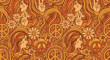 © jamal - Vibrant 1960s psychedelic pattern with peace signs flowers and long haired women in warm orange hues and yellow shades