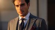 © phj.domingos - Elegant man in a tailored suit with a dark tie and pocket square, looking confidently forward