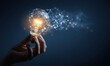 © SKIMP Art - hand holding a light bulb with glowing digital connections on a dark blue background, symbolizing innovation and technology in a business concept design Generative AI