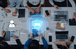 © InfiniteFlow - A diverse team collaborates in a modern workspace with laptops, showcasing digital security through a VPN overlay, highlighting teamwork and technology blend. Trope