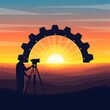 © Design Store - Silhouette of a person filming a sunset with a gear-shaped sun, symbolizing production and creativity