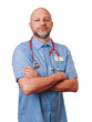 © mark_gusev - A man in a blue shirt and jeans is wearing a red stethoscope and has a black name or id badge. Male doctor in his 40s or 50s with bald head and short beard. White background. Calm and confident look.