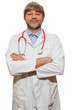 © mark_gusev - Classic clean portrait of a doctor on white background. Male model in his 40s or 50s with grey beard and hair and red stethoscope and plain id or name badge. Hands crossed. Confident professional
