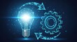 © Kazi - A luminous blue polygonal light bulb and a glowing wireframe gear are interconnected by two curved arrows, positioned centrally against a dark, particle-filled background.