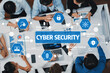 © InfiniteFlow - A diverse team engages in a meeting focused on cyber security, showcasing digital icons representing key concepts like protection, detection, and access control strategies. Amity