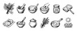 © Happy Carrot - Hand drawn sketch icon set illustrating the process of making homemade herb butter with fresh ingredients, kitchen utensils, and serving suggestions isolated on a white background