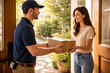 © Moddy - A delivery person handing a package to a woman at her doorstep. The scene portrays a moment of exchange and service