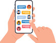 © Bappi - Hands holding smartphone with social media chat bubbles and profile avatars for mobile communication digital marketing and online messaging