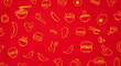 © Aditya Jawa - A dynamic seamless pattern featuring stylized yellow outline food icons with subtle 3D effects on a bold, rich red background, ideal for culinary design projects.