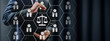 © Leo Lintang - Businessman protecting a network of employees and justice scales, representing corporate legal compliance, labor law, ethical management, and human resources protection