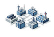 © Lunatix Studio - Isometric illustration of industrial buildings with satellite dishes and antennas in a futuristic cityscape viewed from above