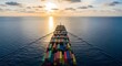 © Muhammad - A cargo ship sails smoothly through calm ocean waters at sunset, carrying colorful containers, evoking a sense of global commerce and peaceful travel.