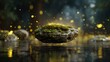 © Gilang - Mossy rock levitates over calm water, illuminated by golden particles