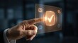 © NRD - checkmark, digital interface, approval, technology, business, success, security. Businessman hand interacting with holographic display for data confirmation and quality service.