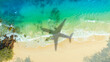 © Media  - Aerial view of shadow passenger plane silhouette and sandy beach blue sea with waves at sea beach summer vacation sea travel concept