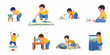 © Muqodimatul - A collection of illustrations showing young children engaging with fish and aquatic themes, exploring, playing, and learning about marine life in various fun scenarios.