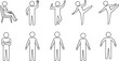© MdAnoar - Human stick figure poses set, standing sitting jumping kicking actions, simple people pictogram line art illustration icons for design use