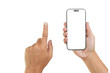 © noppadon - Closeup studio shot man hand touching  smartphone with blank white screen isolated on white background for mobile phone ui app or advertising agency, website design in hands front view.