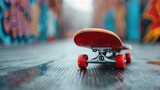 Red skateboard with bright wheels on wet urban street, shallow depth of field capturing street culture and rainy city mood.