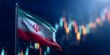 © Kdhtdg - Waving Iran flag in front of blurred stock market chart with red and green candlesticks displaying financial data for economic performance analysis