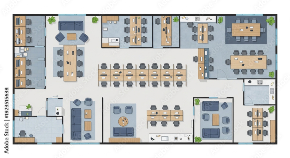 Office floor plan with desks, chairs, and meeting rooms for business ...