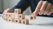 © su - Expense management efficiency and showing cubes arranged to minimize unnecessary spending using wooden cubes, symbolic icons, human hand, natural depth of field, soft blurred background, clean white d