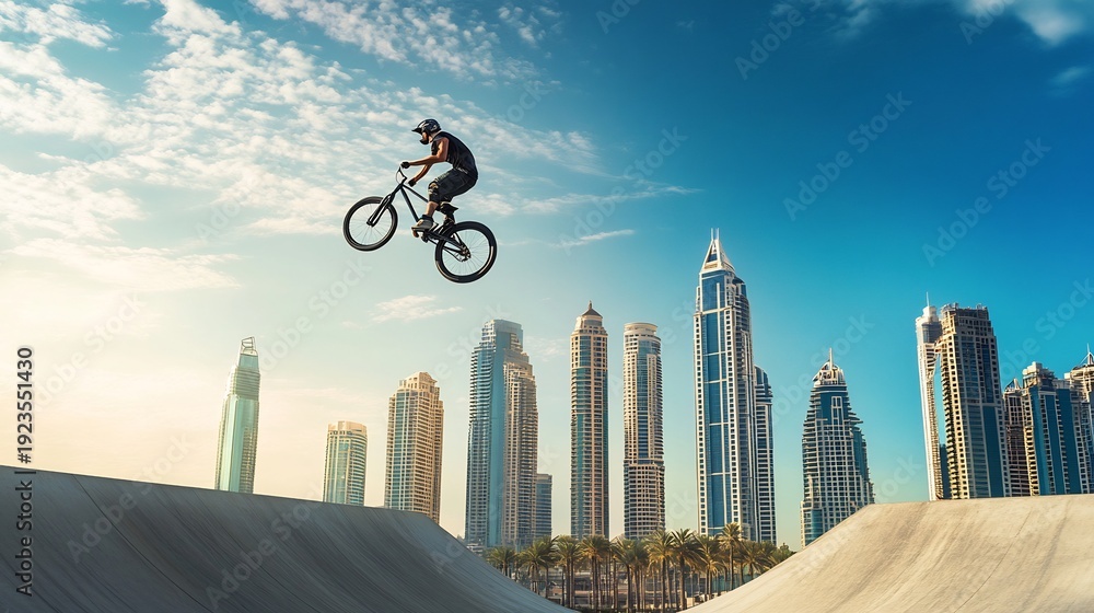 Stunt Jump Ramp Backdrop Ilustración de Stock Stunt biker mid air after launching off a ramp ...