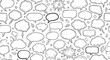© Avoxel - A seamless pattern of hand-drawn speech bubbles and thought clouds in various shapes and sizes, set against a white background with small star and leaf accents.