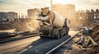 © Fluxora - A concrete mixer truck drives on a construction site during golden hour with buildings in the background