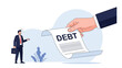 © Saulius - Large human hand giving a document with the word debt written on it to a small businessman standing below looking shocked and surprised.