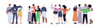 © Paper Trident - Set of hugging people from behind. Group of friends support and embrace back view. Happy family has fun and embraces. Diverse men and women hold hands. Flat isolated vector illustrations on white