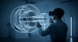 © Add Win - Engineer interacting with futuristic jet engine hologram interface in modern laboratory symbolizing advanced aerospace technology