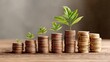 © ikhsan - Concept of financial growth with stacks of coins and green plants on a wooden surface, symbolizing investment and savings