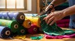 © indah - Close-up of a tailor's hands using sharp scissors to precisely cut a patterned piece of fabric next to a large stack of colorful textile bolts.