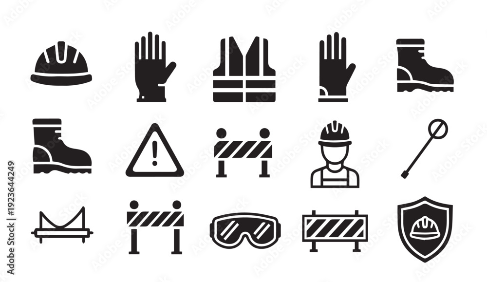 Construction safety icons set with protective gear and warning signs ...