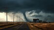 © backup_studio - Large tornado approaching abandoned house and road with power lines in rural landscape. Natural disaster and severe weather concept.