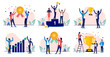 © Knut - Collection of business people celebrating success with trophies, medals, and a winner podium, concept of achievement, rewards, team victory, and growth, flat design vector illustration